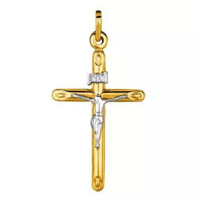 14k 2 Tone Gold Round Tube Crucifix Pendant