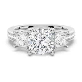 3 CT. Three Stone Cushion-Shaped Engagement Ring With Princess Cut Accents