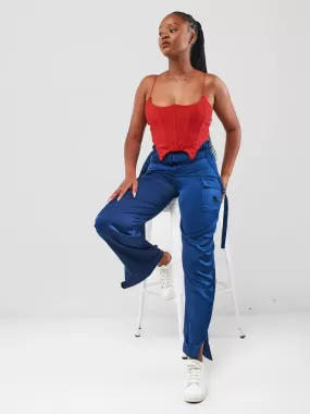 Anika Satin Cargo Pants - Navy Blue