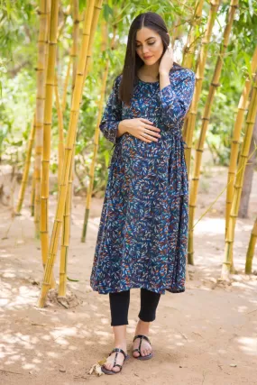 Blue Leafy Front Button Maternity & Nursing Kurta