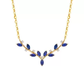 Blue Stylish CZ Leaves Pendant Necklace Link Chain - 925 Sterling Silver