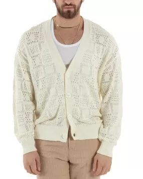 Cardigan Uomo Maglioncino Traforato Scollo V Maglia Bucata Giacca Con Bottoni Bianco Casual GIOSAL-M2814A