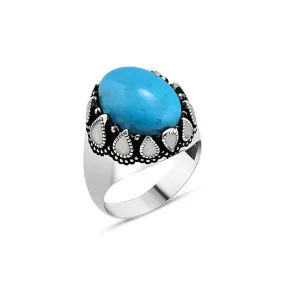 Domic Ellipse Turquoise Stone Silver Men's Ring with White Teardrops Around