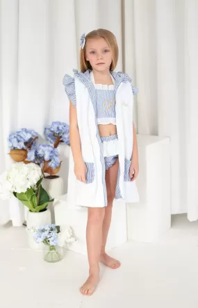 Girls Dark Blue Stripe Seersucker Towelling Coverup