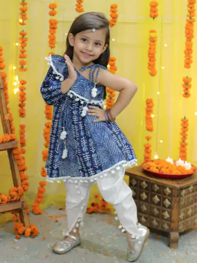 Girls  Pure Cotton Printed One Sleeve Ruffle Kurti With Dhoti- Indo Western Clothing Sets Blue