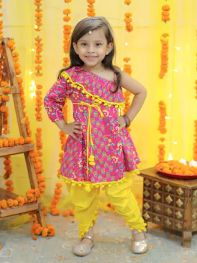 Girls  Pure Cotton Printed One Sleeve Ruffle Kurti With Dhoti- Indo Western Clothing Sets Pink