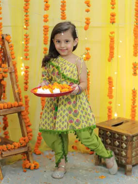 Girls  Pure Cotton Printed One Sleeve Ruffle Kurti With Dhoti- Indo Western Clothing Sets Yellow