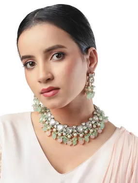 Golden. Silver, Mint Green Kundan Polki, Shell Pearls Necklace Set