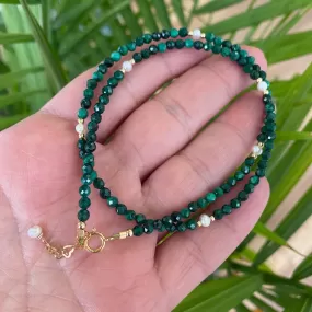 Green Malachite & Freshwater Pearls Choker Necklace, Gold Filled, 15 1Inch