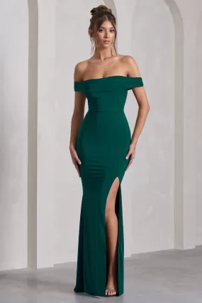 Law of Attraction | Bottle Green Bardot Draped Split Maxi Dress