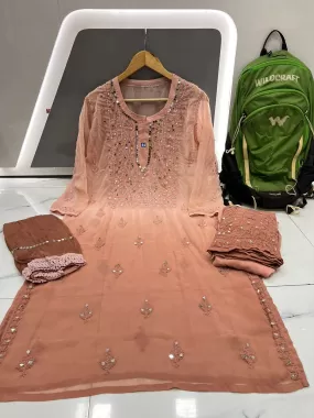 Light Brown Dye Ombre Georgette Kurti Set With Sharara and Chiffon Dupatta(Inner Included)