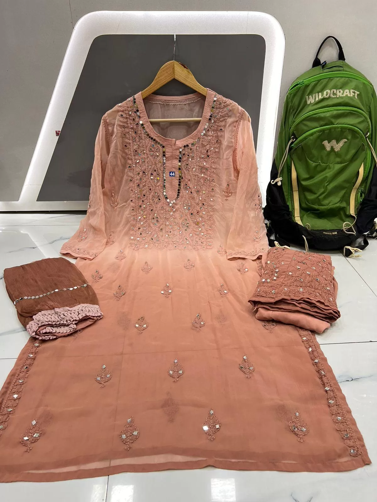 Light Brown Dye Ombre Georgette Kurti Set With Sharara and Chiffon Dupatta(Inner Included)