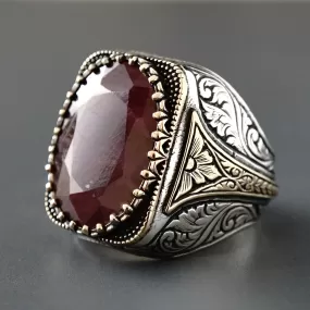 Men's Signet Ring Ruby Yaqoot natural big gemstone Sterling Silver 925 Turkish Artisan Handmade Jewelry