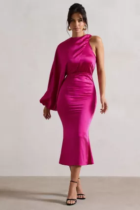 Nola | Dark Pink Satin One-Sleeve Midi Dress