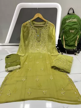 Parrot Green Dye Ombre Georgette Kurti Set With Sharara and Chiffon Dupatta(Inner Included)