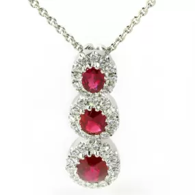 Ruby & Diamond Oval Halo Three Stone Pendant Necklace