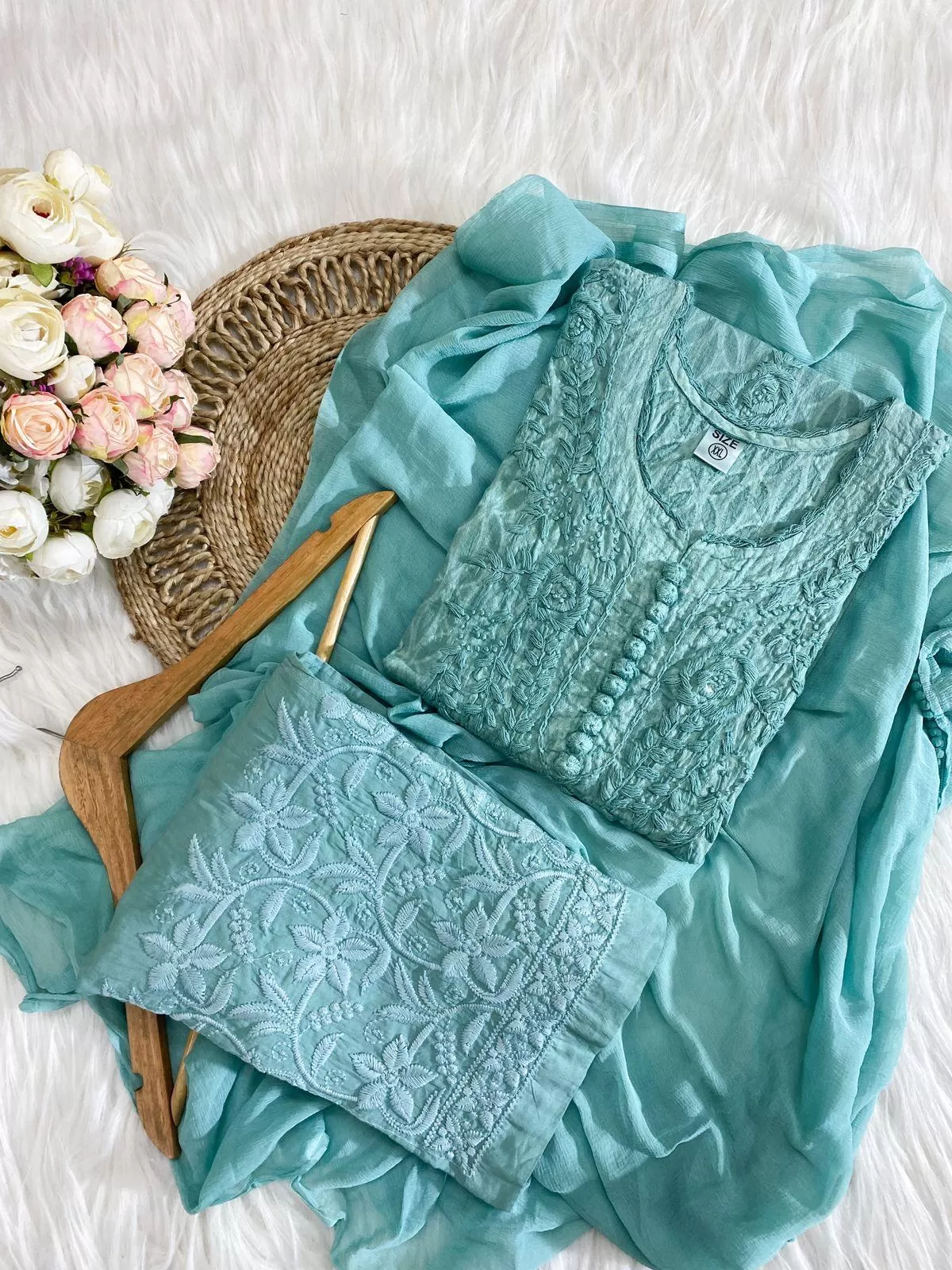 Teal Green Color Aurora Breeze Brasso Chikankari Cotton Ensemble 3 Pc Set