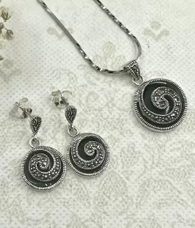 The Silver Marcasite Pendant Set (Black)