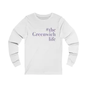 #thegreenwichlife Unisex Jersey Long Sleeve Tee (purple print)