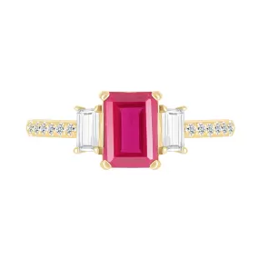 Three Stone Emerald Cut Ruby Ring with White Sapphire Band